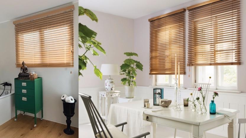 Holz-Jalousie in Badezimmer und bei Fenstertisch